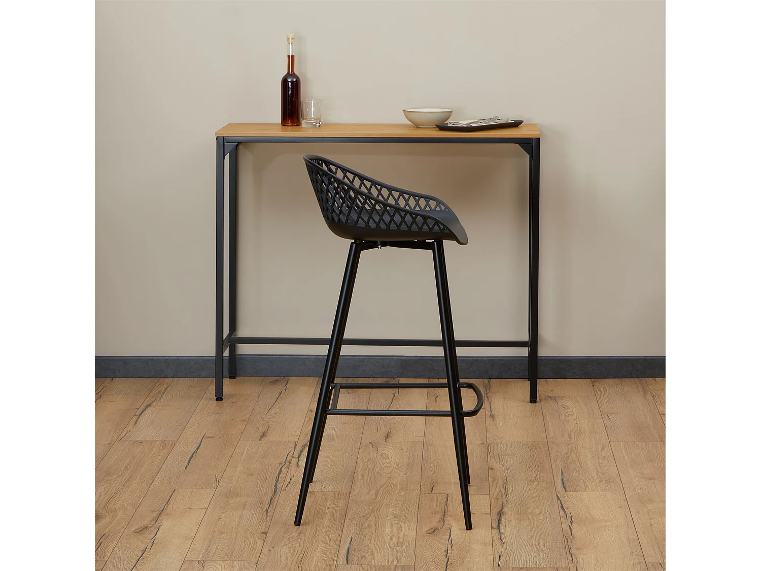 Lot de 2 tabourets de bar IREK chaise haute pour cuisine ou comptoir design retro, en plastique et métal noirs, hauteur d'assise 75