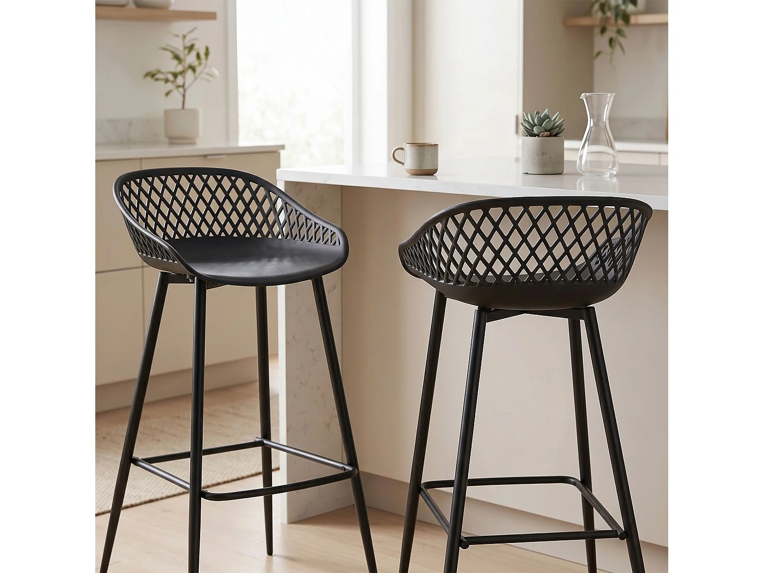 Lot de 2 tabourets de bar IREK chaise haute pour cuisine ou comptoir design retro, en plastique et métal noirs, hauteur d'assise 75