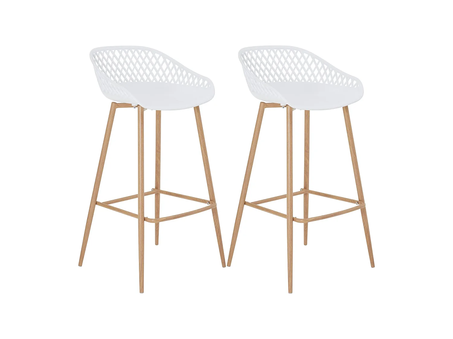 Lot de 2 tabourets de bar IREK chaise haute cuisine ou comptoir au design retro en plastique blanc et métal décor bois, assise 75 cm