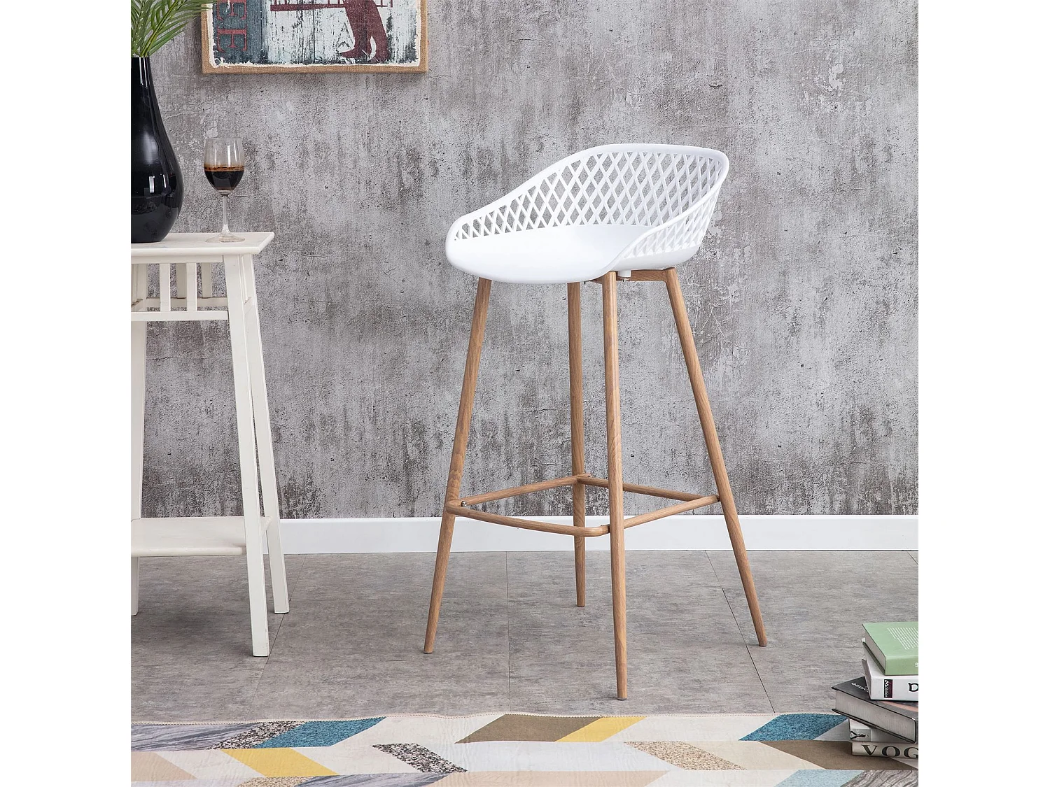 Lot de 2 tabourets de bar IREK chaise haute cuisine ou comptoir au design retro en plastique blanc et métal décor bois, assise 75 cm