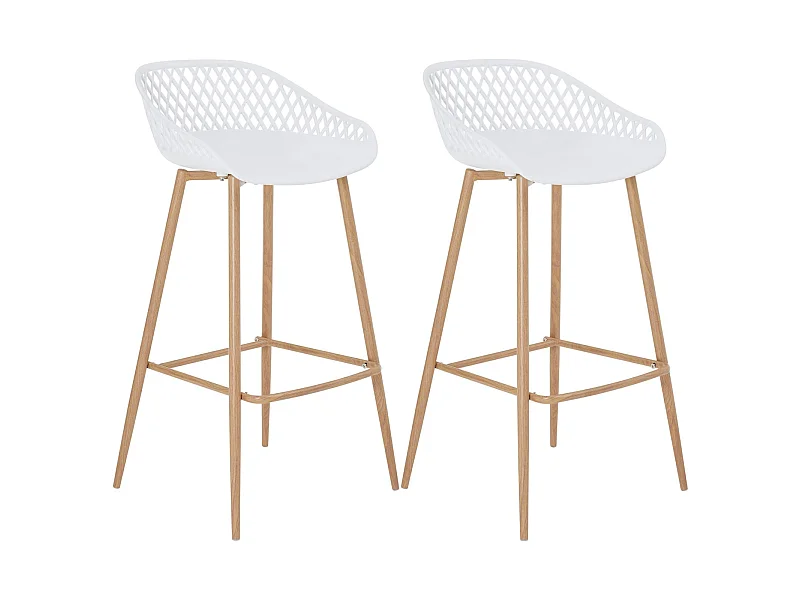 Lot de 2 tabourets de bar IREK chaise haute cuisine ou comptoir au design retro en plastique blanc et métal décor bois, assise 75 cm