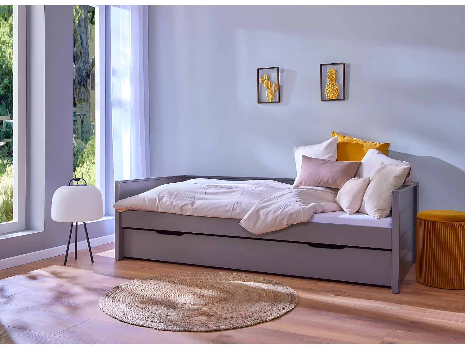 Dream Bett 90x200cm mit 1 ausziehbares Bett grau.