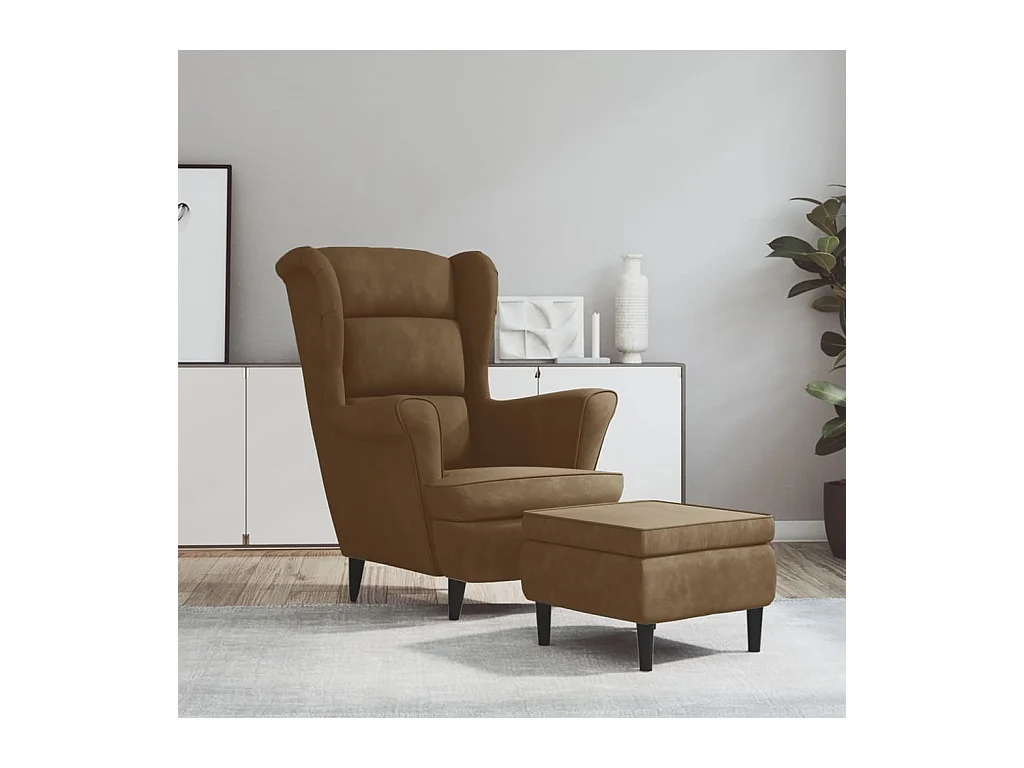 Fauteuil à oreilles avec tabouret marron velours