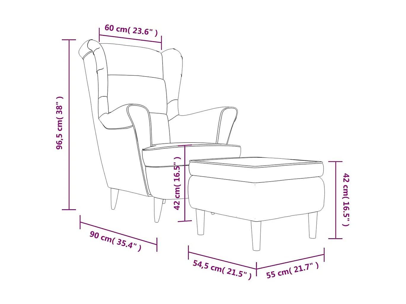 Fauteuil à oreilles avec tabouret marron velours