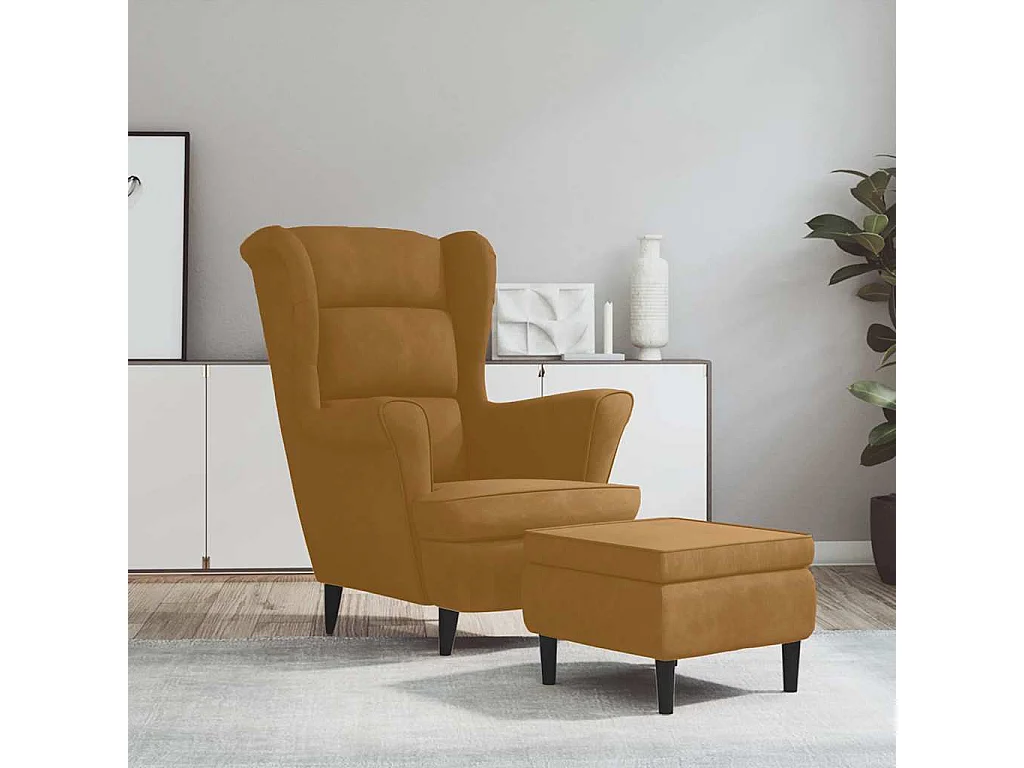Fauteuil à oreilles avec tabouret marron velours