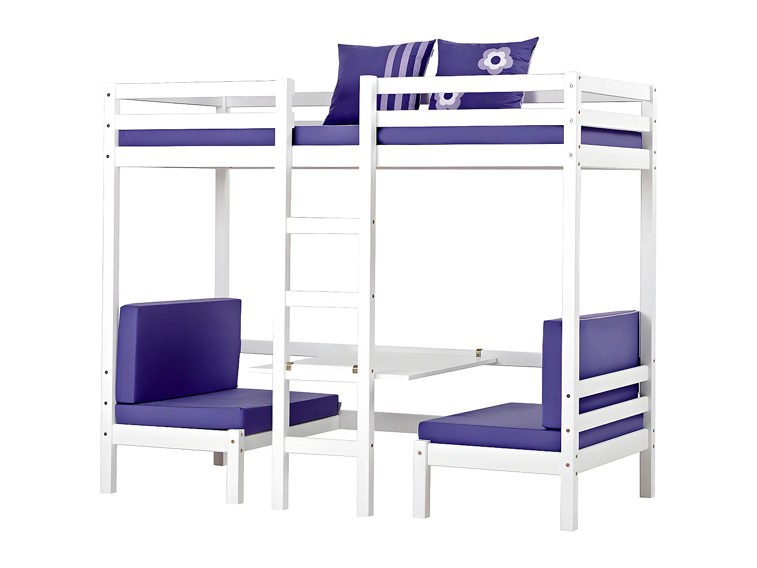 Basic Lit superposé Jumbo avec canapé violet, bureau et sommiers à lattes inclus.