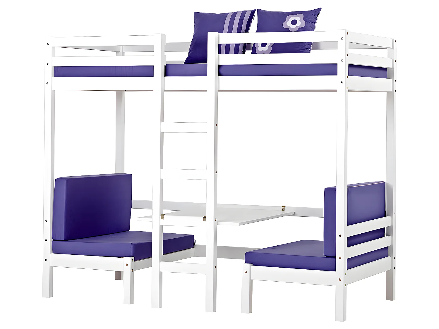 Basic Lit superposé Jumbo avec canapé violet, bureau et sommiers à lattes inclus.