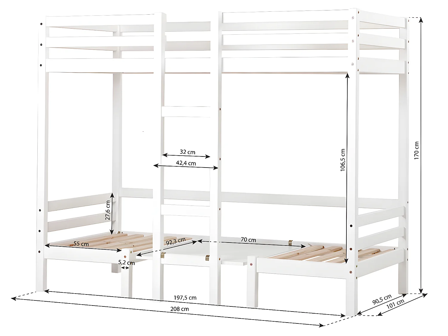 Basic Lit superposé Jumbo avec canapé violet, bureau et sommiers à lattes inclus.