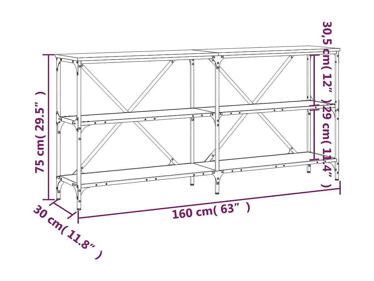 Wandtafel 160x30x75 cm bewerkt hout en ijzer gerookt eikenkleur