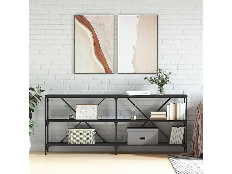 Tavolino Consolle Nero 180x30x75 cm Legno Multistrato e Ferro