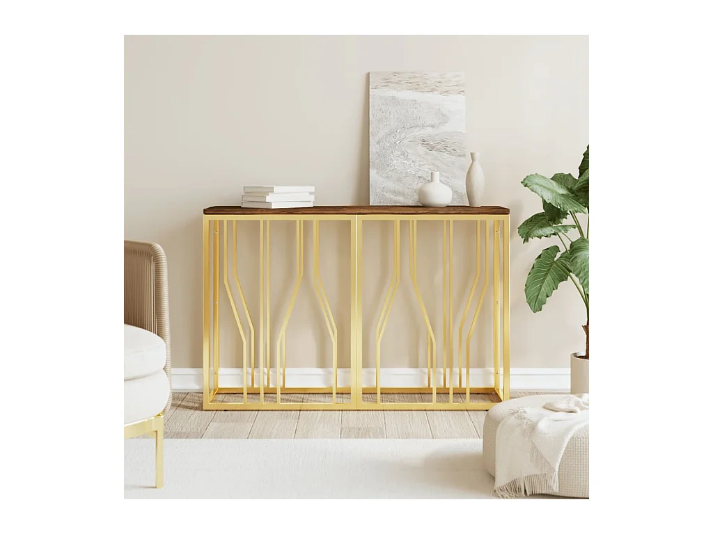 Table console doré acier inoxydable et bois massif récupération