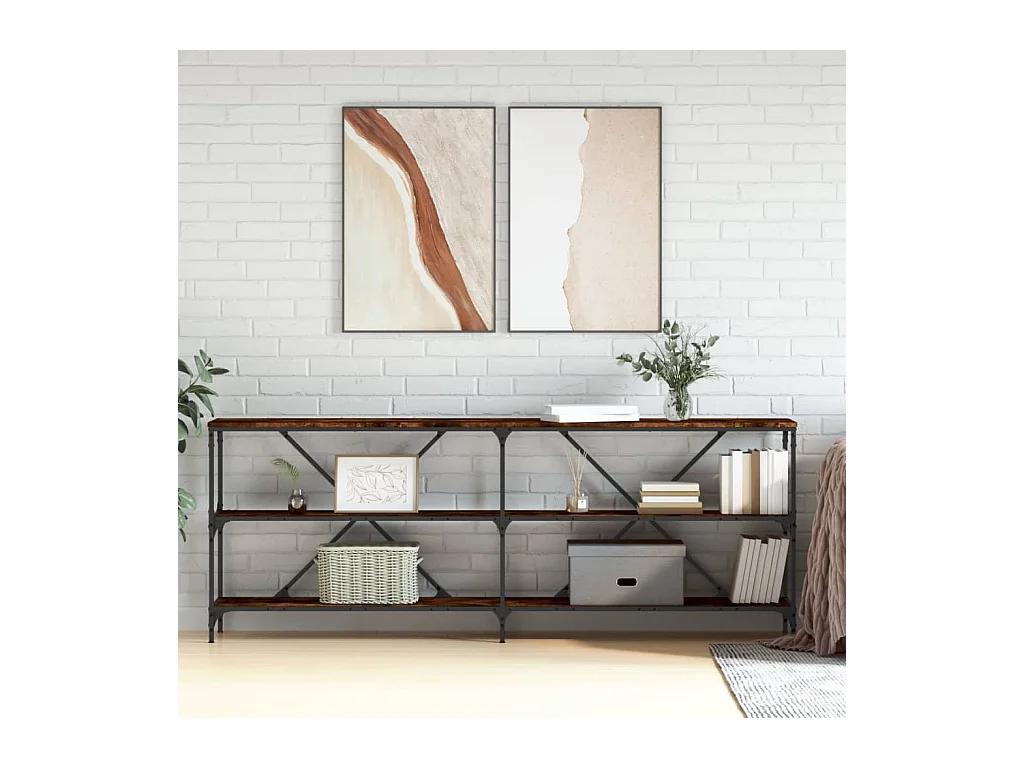 Table console chêne fumé 200x30x75 cm bois d'ingénierie et fer