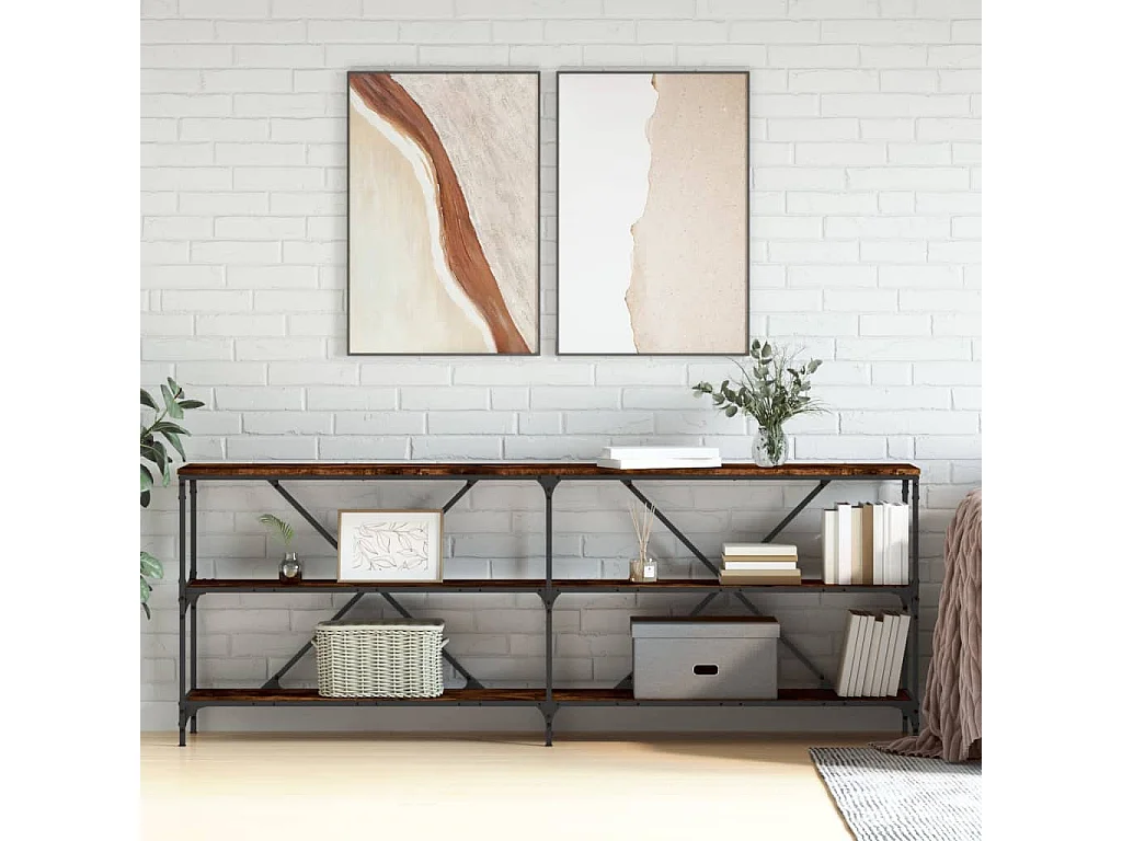 Table console chêne fumé 200x30x75 cm bois d'ingénierie et fer