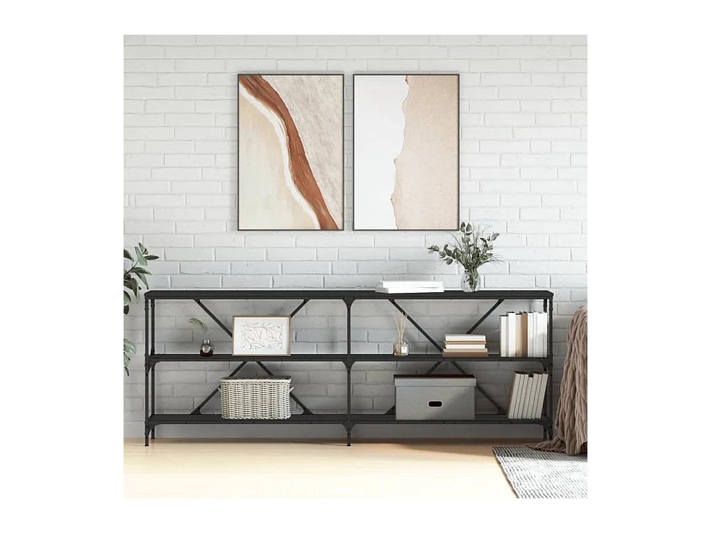 Table console noir 200x30x75 cm bois d'ingénierie et fer