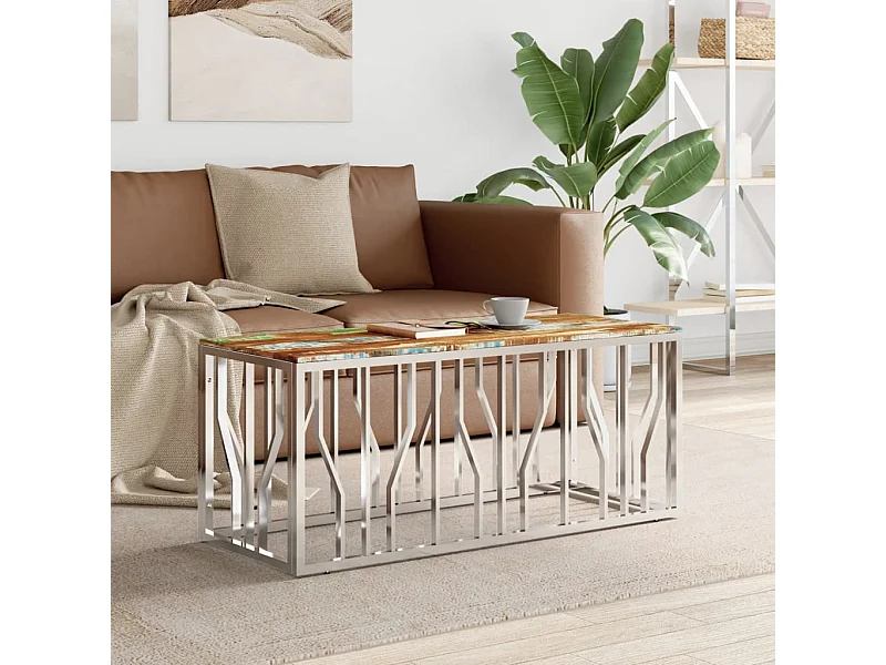 Table basse argenté acier inoxydable/bois massif récupération
