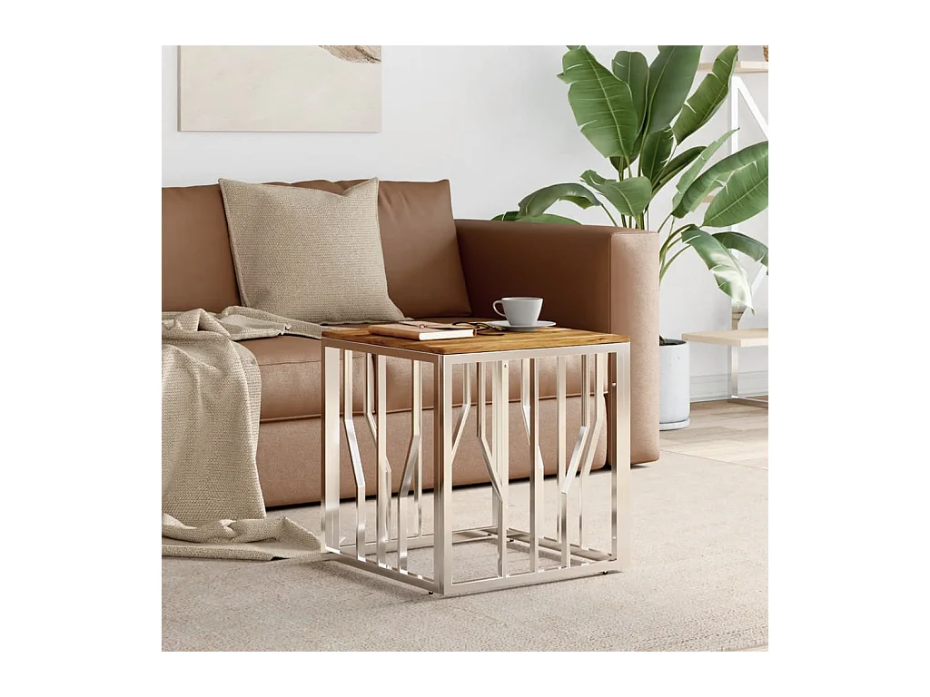 Table basse argenté acier inoxydable et bois massif d'acacia