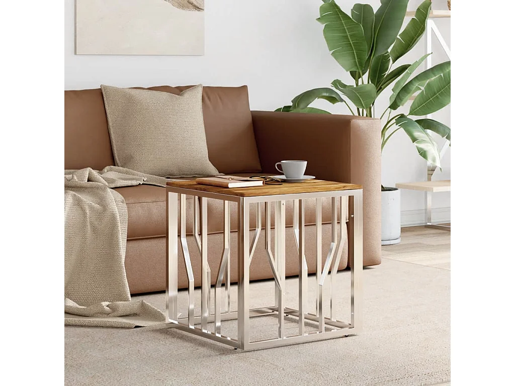 Table basse argenté acier inoxydable et bois massif d'acacia