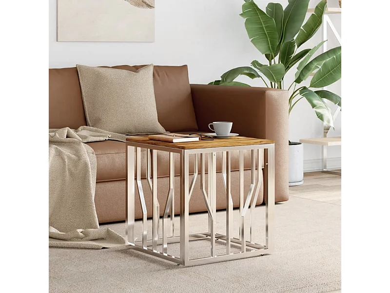 Table basse argenté acier inoxydable et bois massif d'acacia