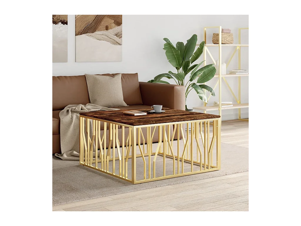Table basse doré acier inoxydable et bois massif récupération