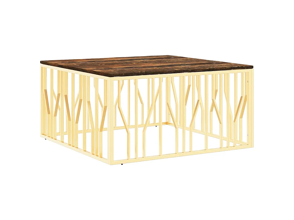 Table basse doré acier inoxydable et bois massif récupération