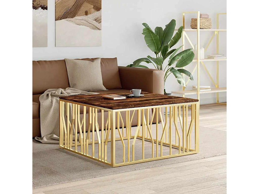 Table basse doré acier inoxydable et bois massif récupération