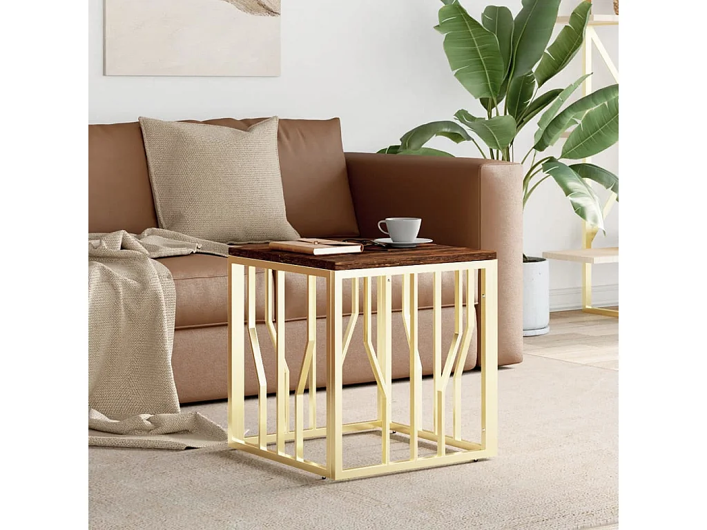 Table basse doré acier inoxydable et bois massif récupération