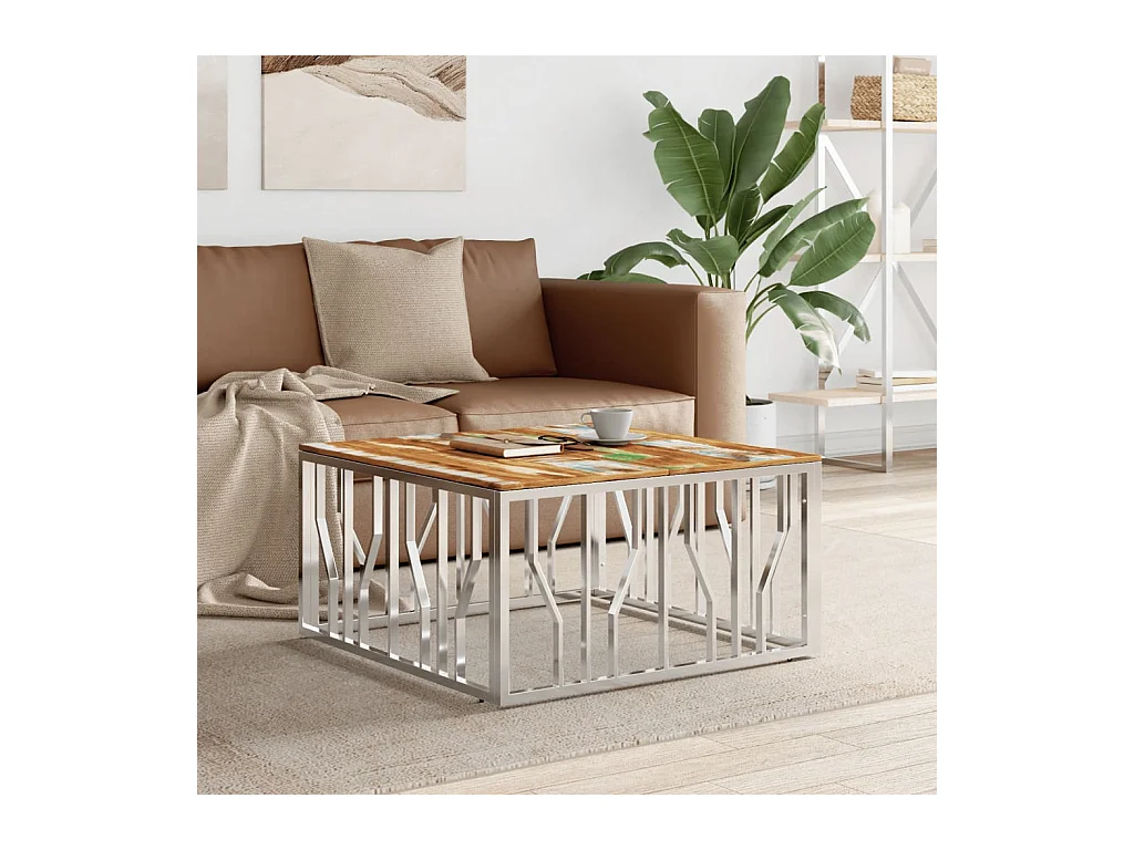 Table basse argenté acier inoxydable/bois massif récupération