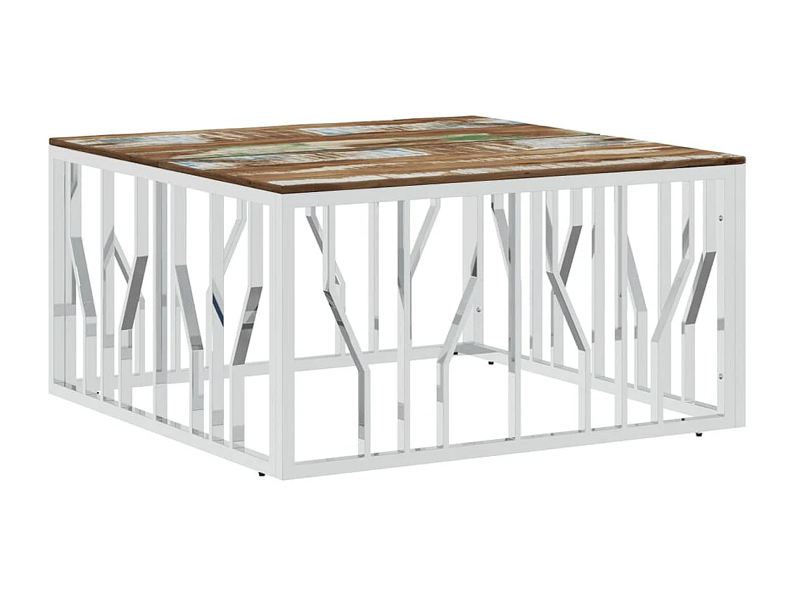 Table basse argenté acier inoxydable/bois massif récupération