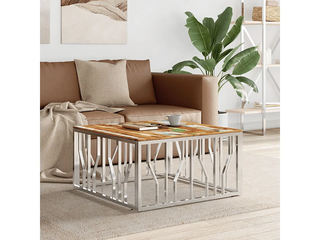 Mesa de centro acero inoxidable y madera reciclada plateada