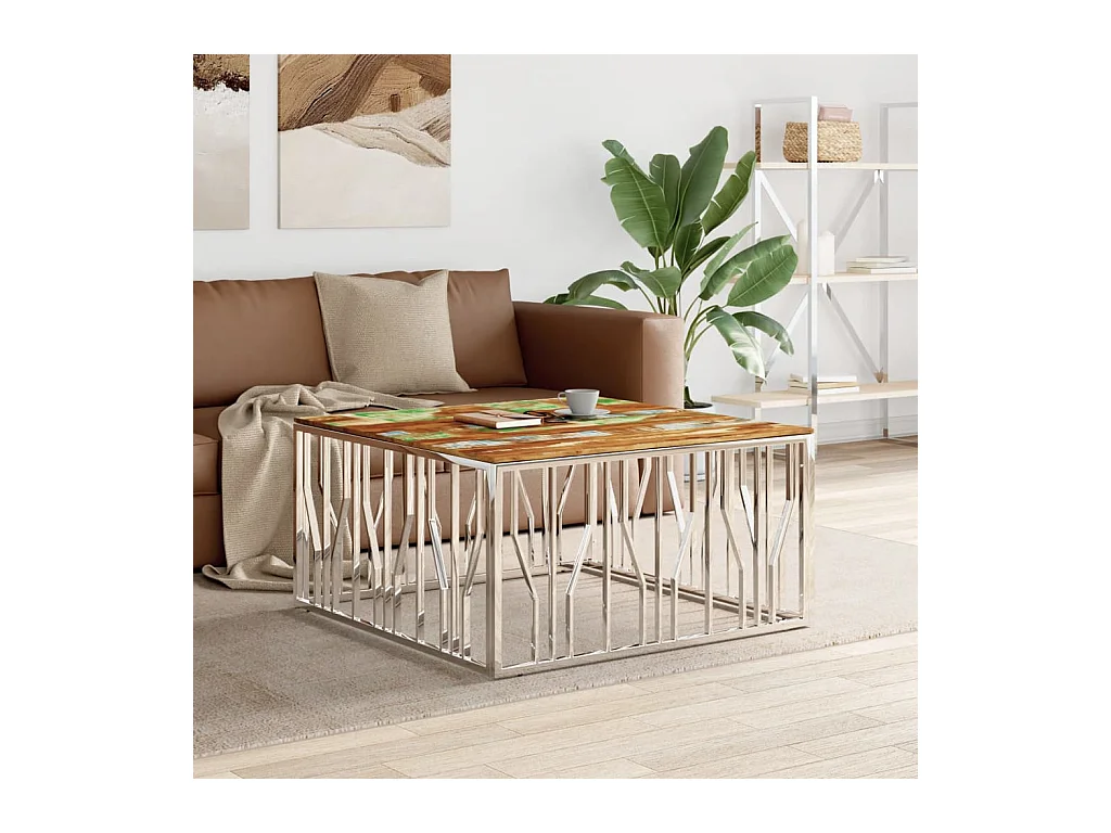 Table basse argenté acier inoxydable/bois massif récupération