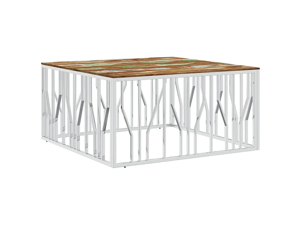 Table basse argenté acier inoxydable/bois massif récupération