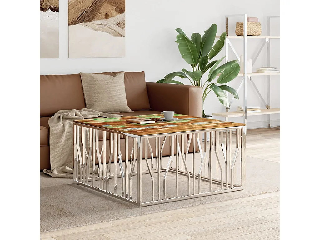 Table basse argenté acier inoxydable/bois massif récupération