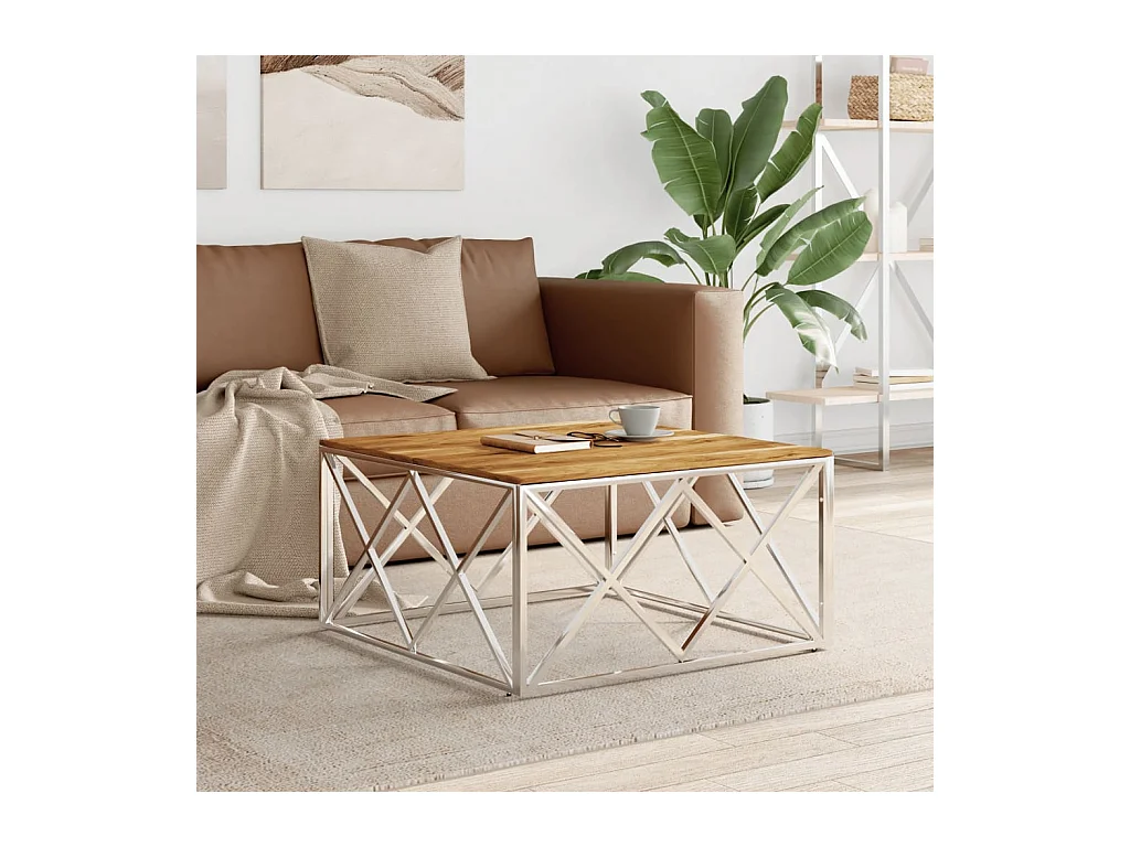Table basse argenté acier inoxydable et bois massif d'acacia