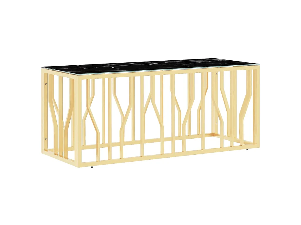 Złoty stolik kawowy 110x45x45 cm ze stali nierdzewnej i szkła, nowoczesny z marmurowym wykończeniem