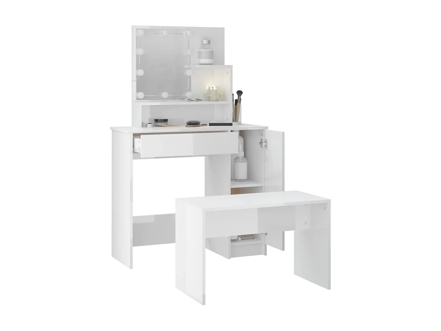 Juego de tocador con LED madera contrachapada blanco brillante