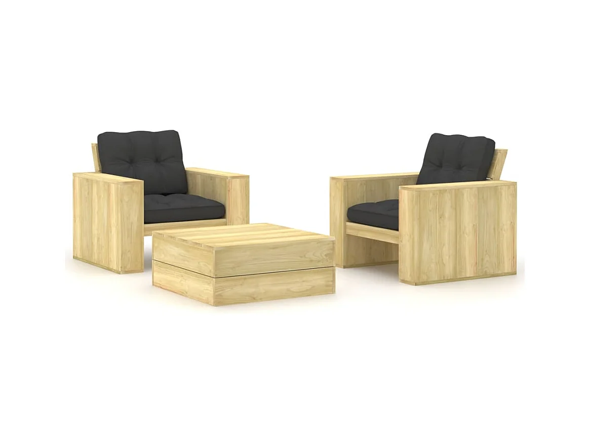 Salon de jardin 3 pcs avec coussins bois de pin imprégné