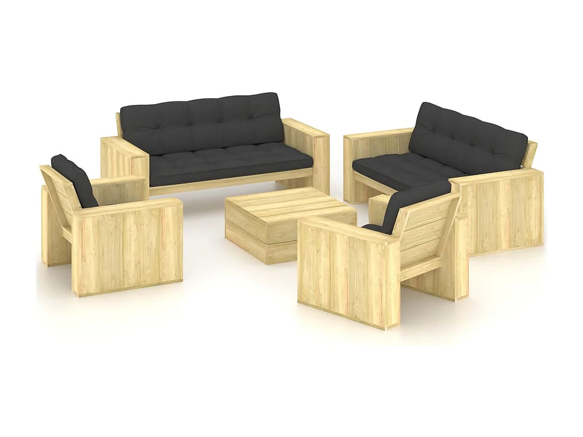 Salon de jardin 5 pcs avec coussins bois de pin imprégné