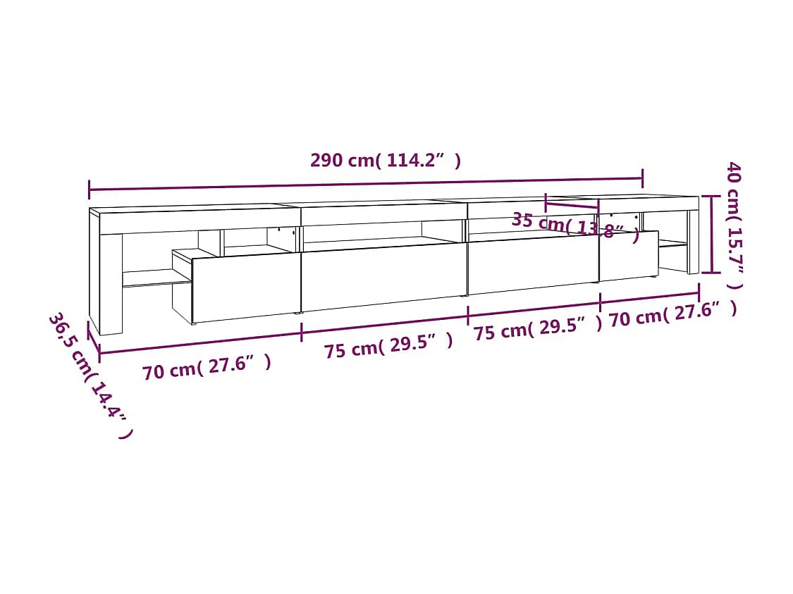 Móvel de TV com luzes LED 290x36,5x40 cm branco