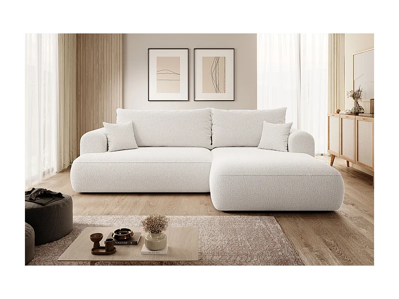 Ecksofa mit Schlaffunktion - Bettkasten - Ottomane rechts - Boucle-Bezug in Cremeweiß - OVO