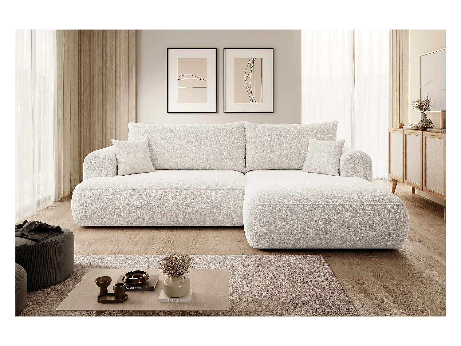 Canapé d'angle - 260 cm - avec fonction de couchage en forme de L - crème - avec coffre en boucle - côté droit - OVO