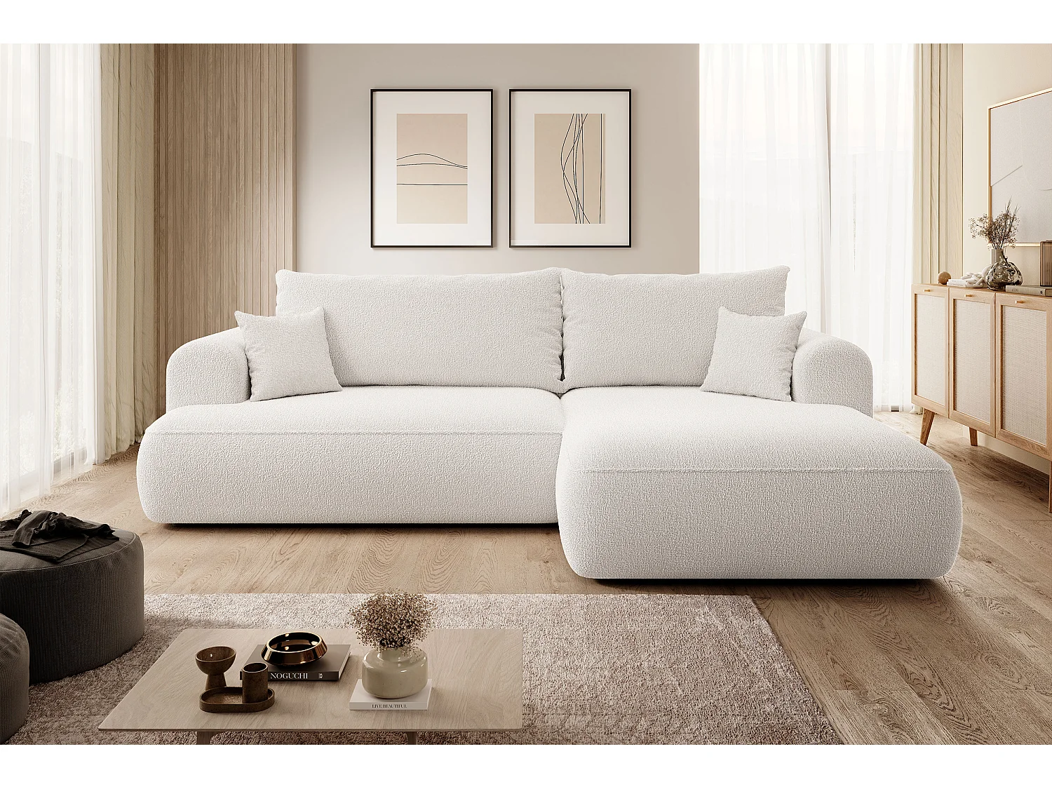 Canapé d'angle - 260 cm - avec fonction de couchage en forme de L - crème - avec coffre en boucle - côté droit - OVO