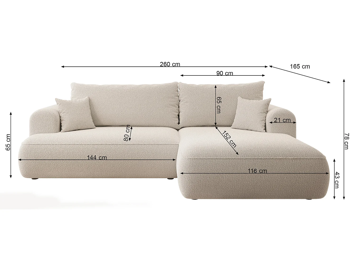 Canapé d'angle - 260 cm - avec fonction de couchage en forme de L - crème - avec coffre en boucle - côté droit - OVO
