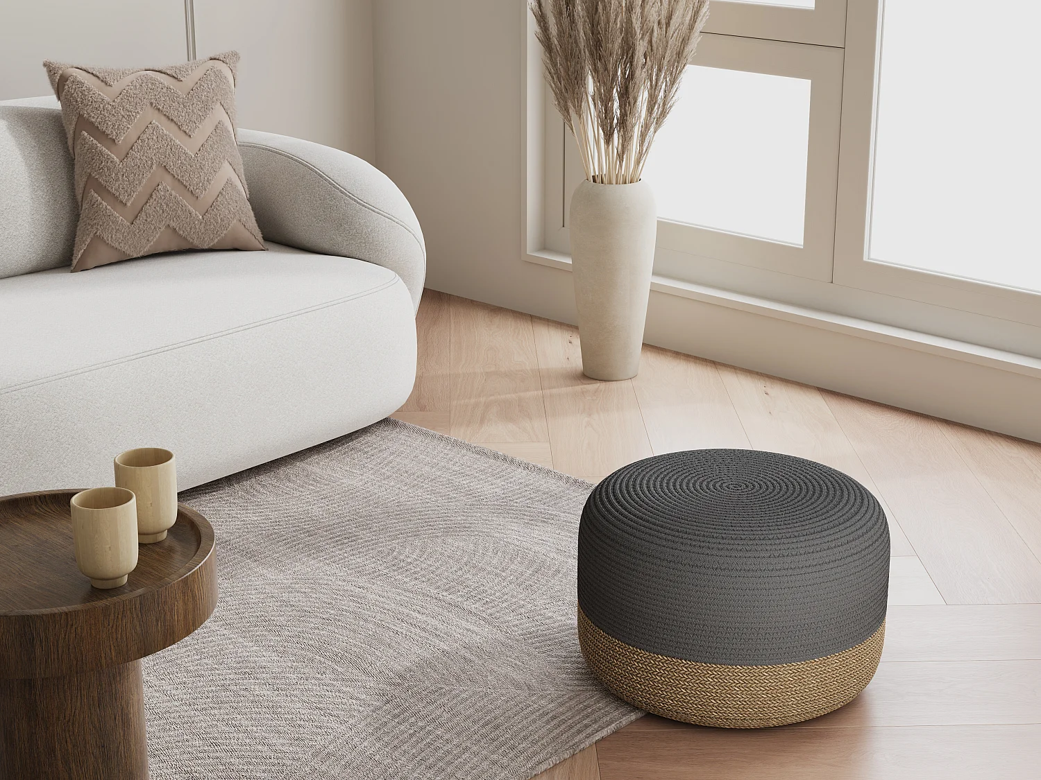 Pouf rond en rotin naturel clair et gris LOMANGO