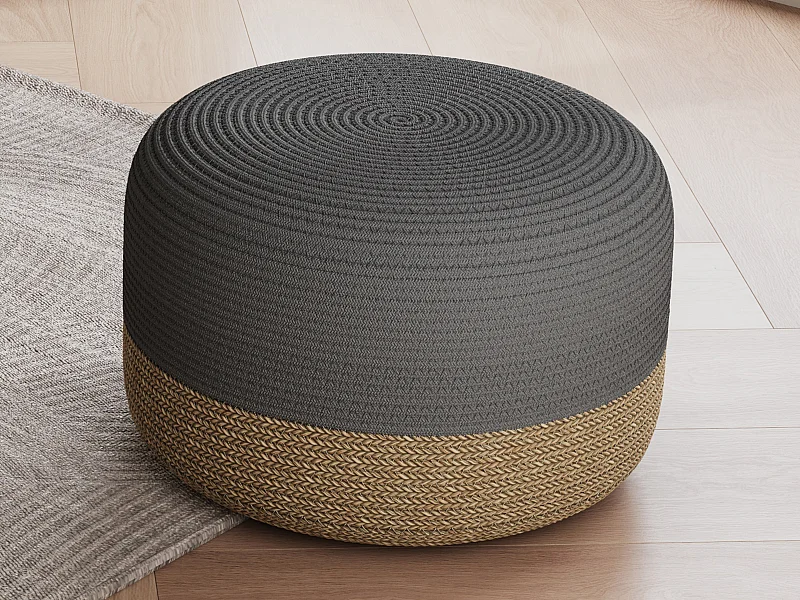 Pouf rond en rotin naturel clair et gris LOMANGO