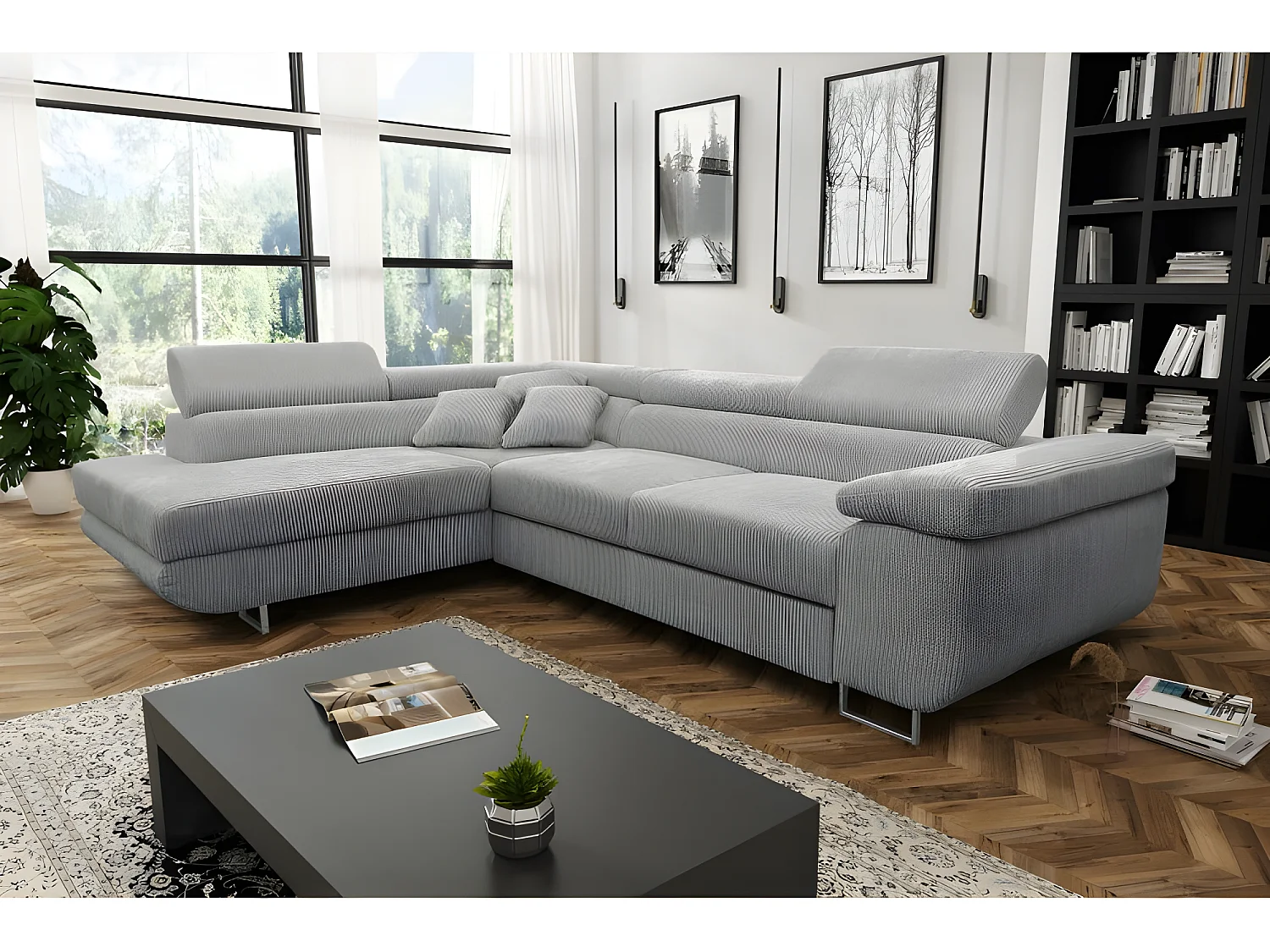 Canapé d'angle convertible ANTONI en velours côtelé gris angle gauche