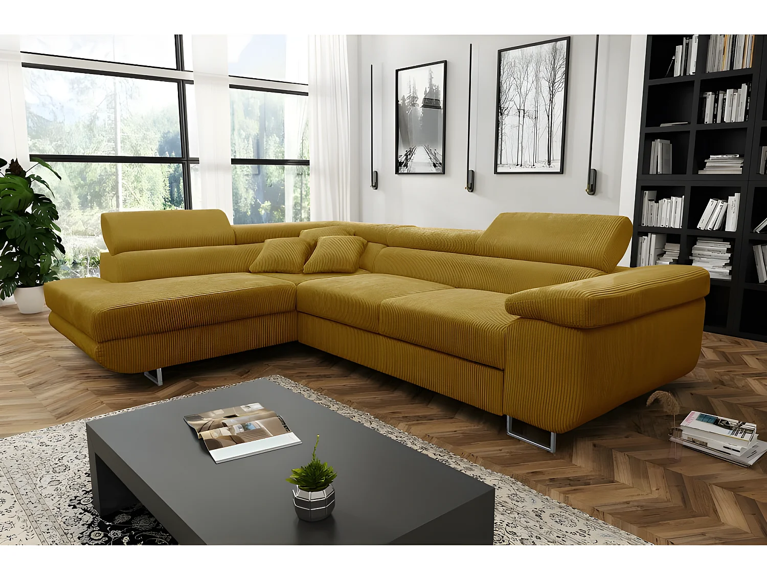 Canapé d'angle convertible ANTONI en velours côtelé jaune angle gauche