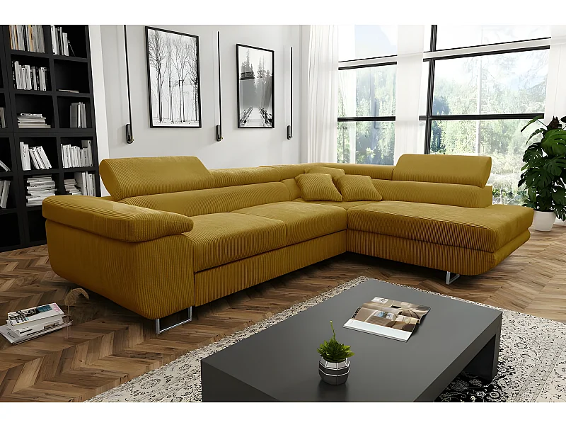 Canapé d'angle convertible ANTONI en velours côtelé jaune angle droit