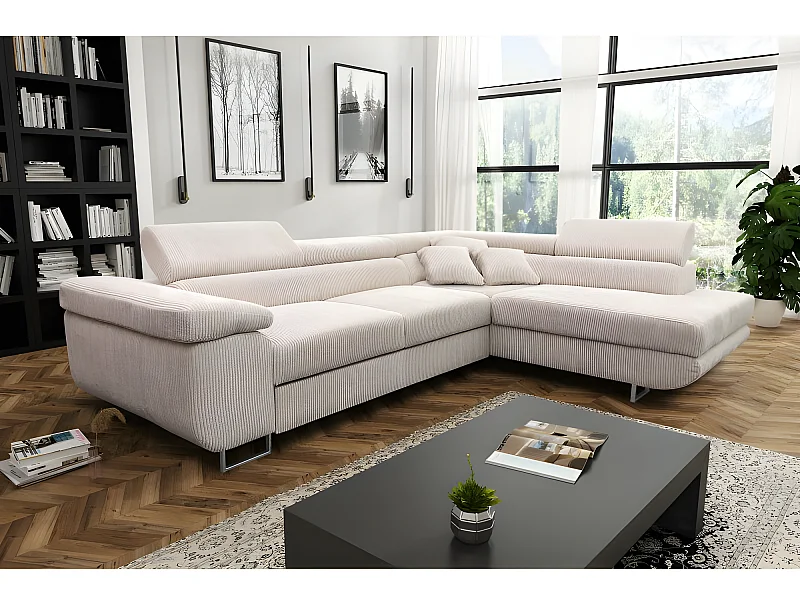Canapé d'angle convertible ANTONI en velours côtelé beige angle droit