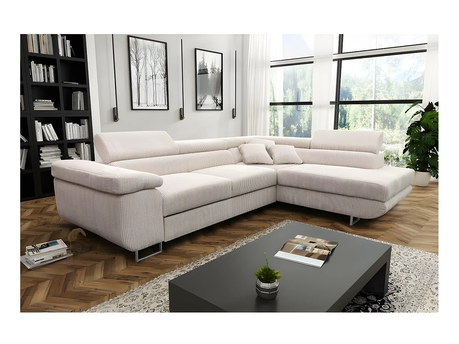 Canapé d'angle convertible ANTONI en velours côtelé beige angle droit