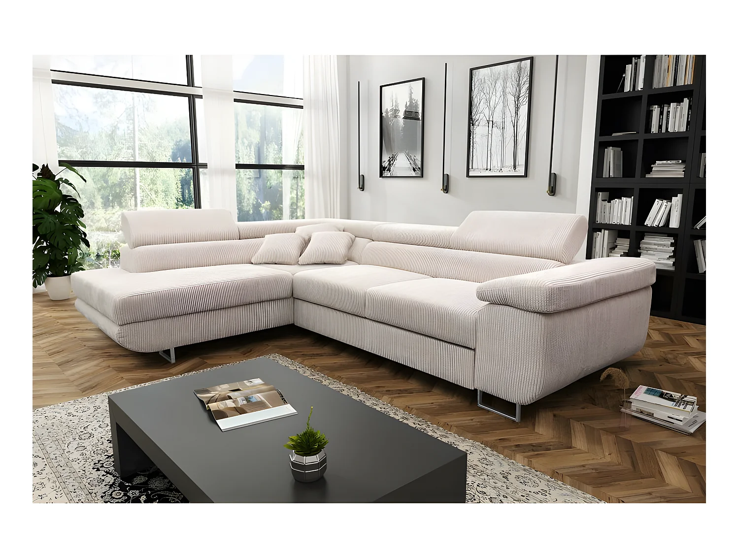 Canapé d'angle convertible ANTONI en velours côtelé beige angle gauche
